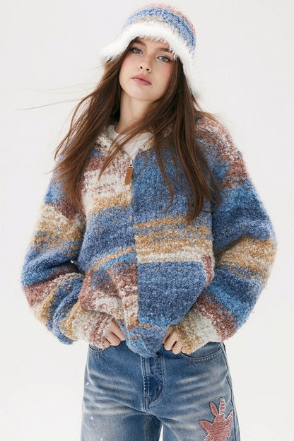 Blue Gradient Hooded Wool Cardigan