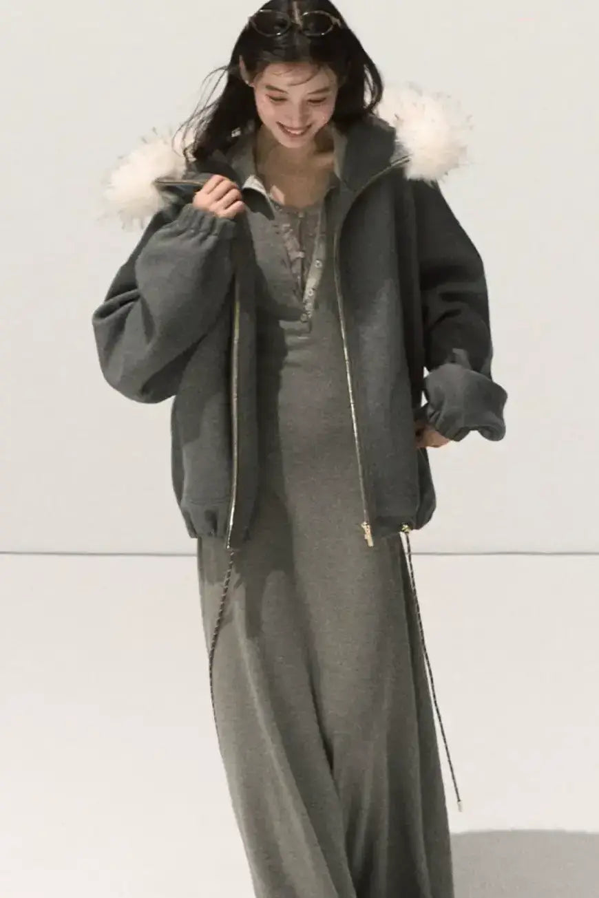 Plush Smoke Shirt Collar Dress Set-Up