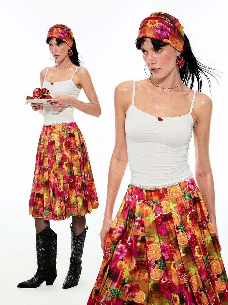 Summer Fruit Dopamine Print Low Waist A-Line Skirt