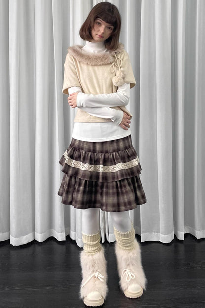 Beige Fur Collar Layered Top