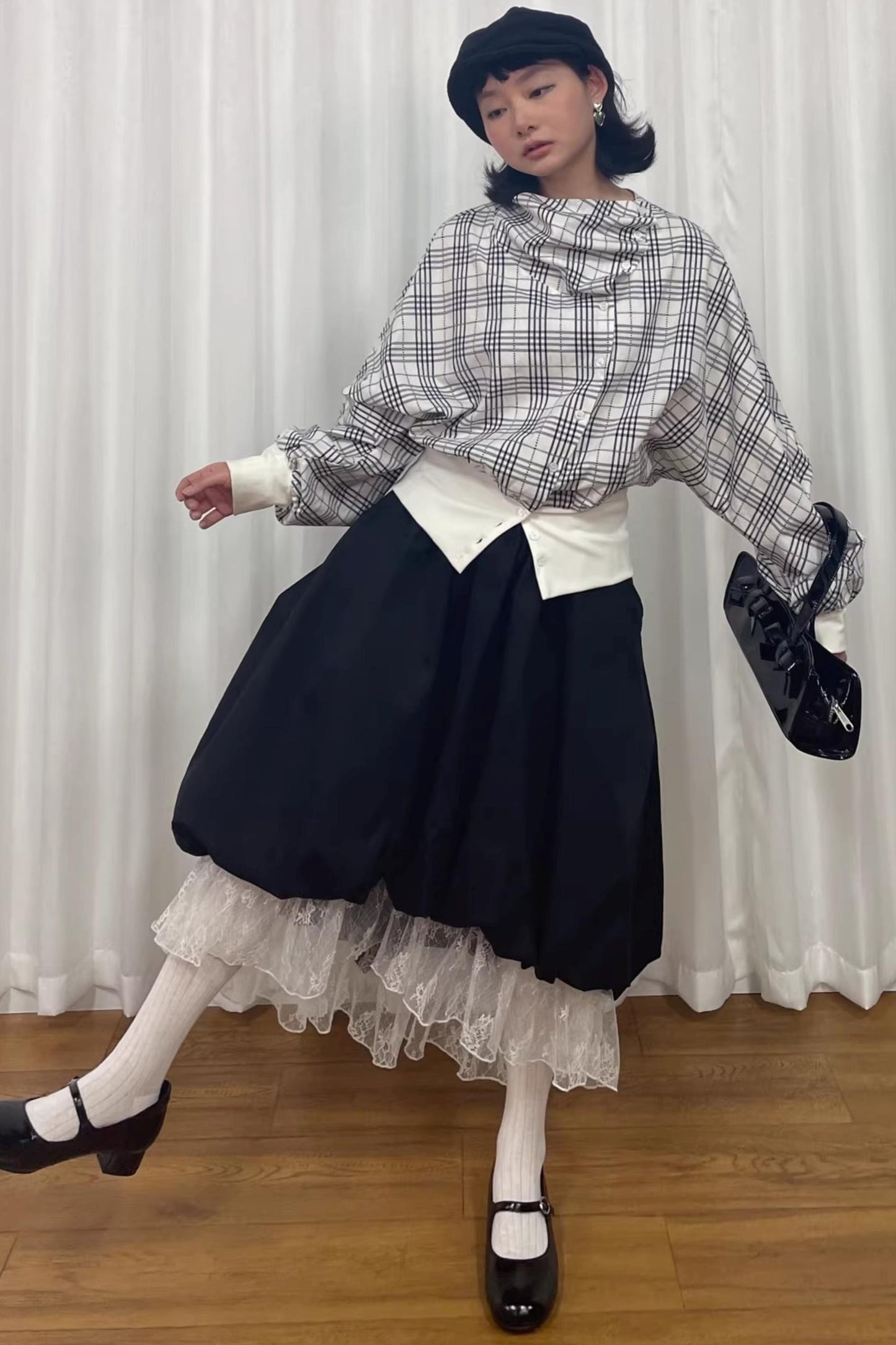 Checkered Pleated Collar Shirt