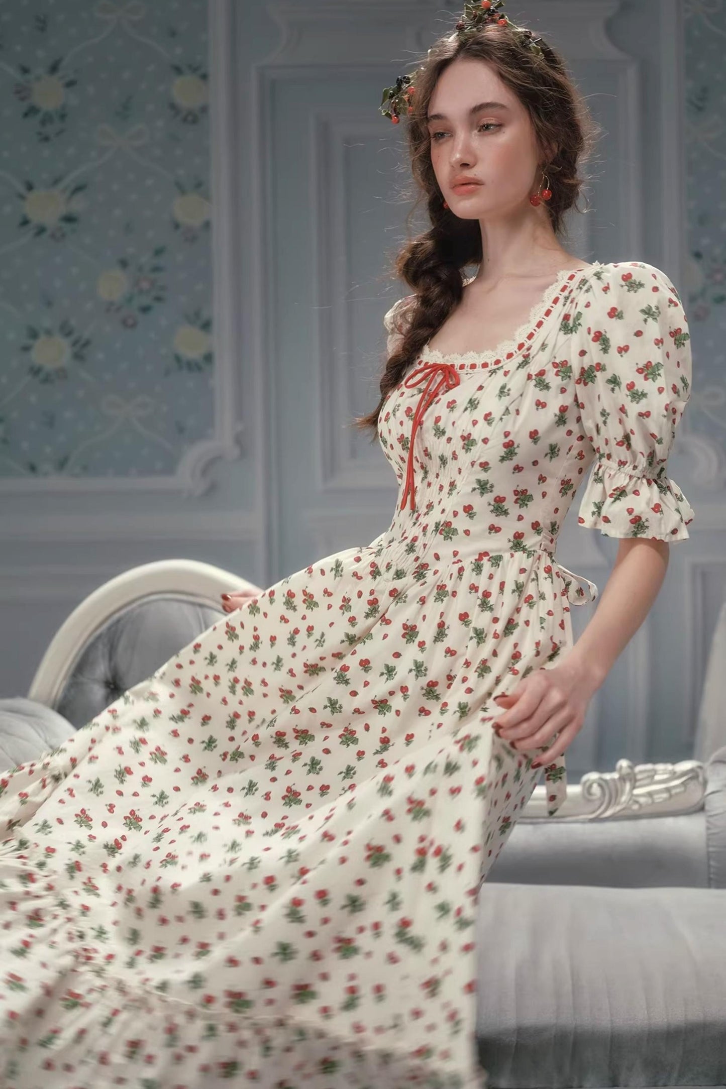 French Pastoral Style Strawberry Floral Dress