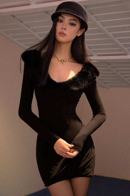 Furry V-Neck Slim Dress