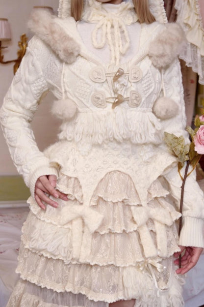 Slavic Knit Hooded Cardigan Hat Set-Up