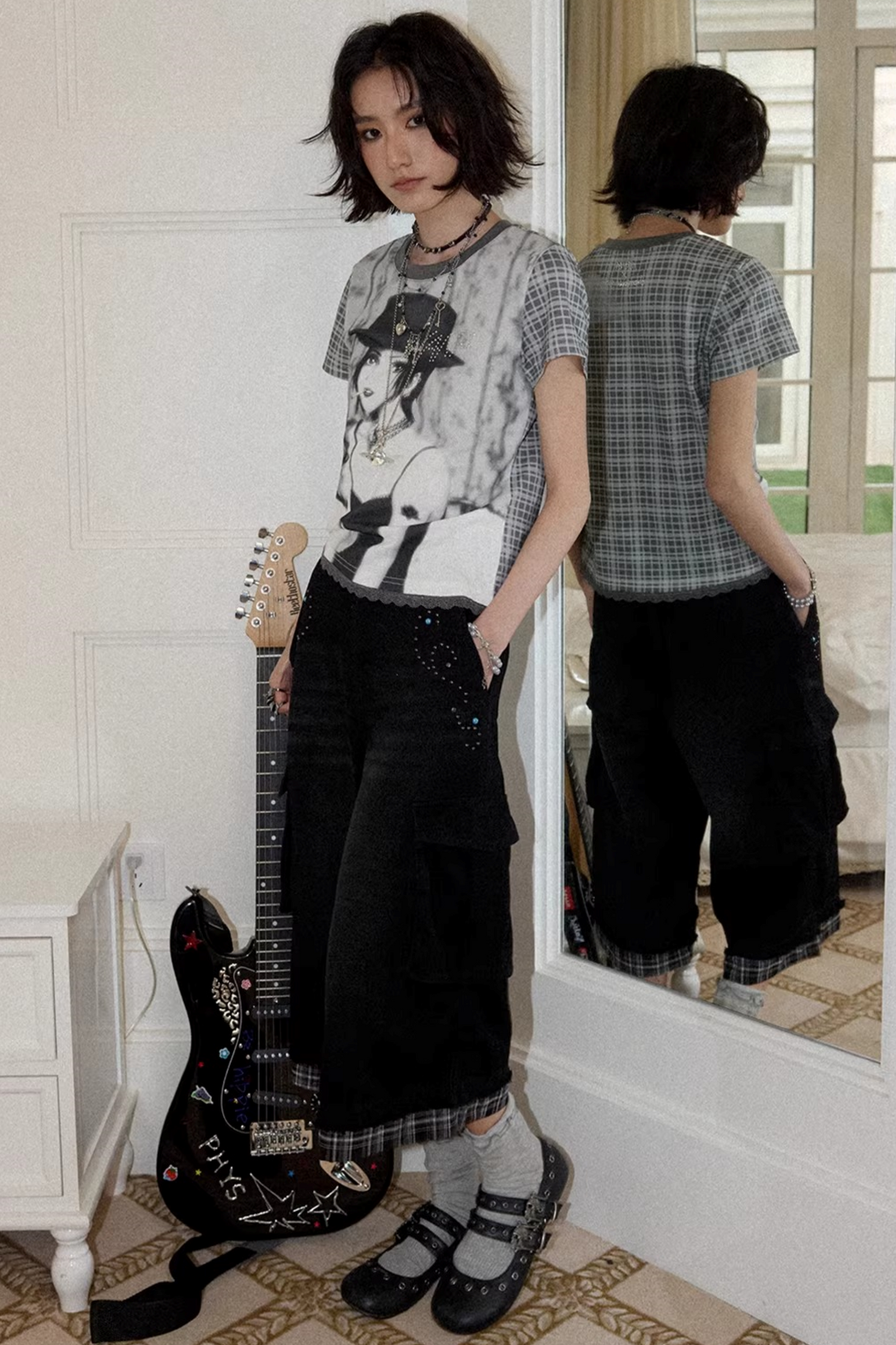Portrait Plaid Rhinestone Top