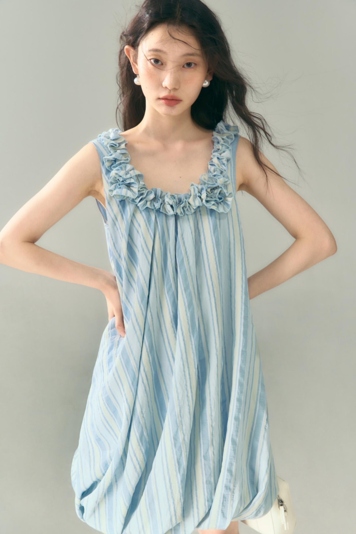 Blue Jellyfish Embroidered Striped Vest Dress