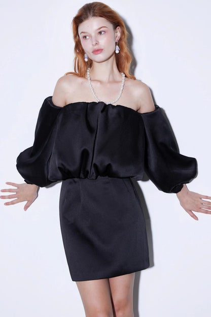 Autumn Pearl Lantern Sleeve Satin Dress