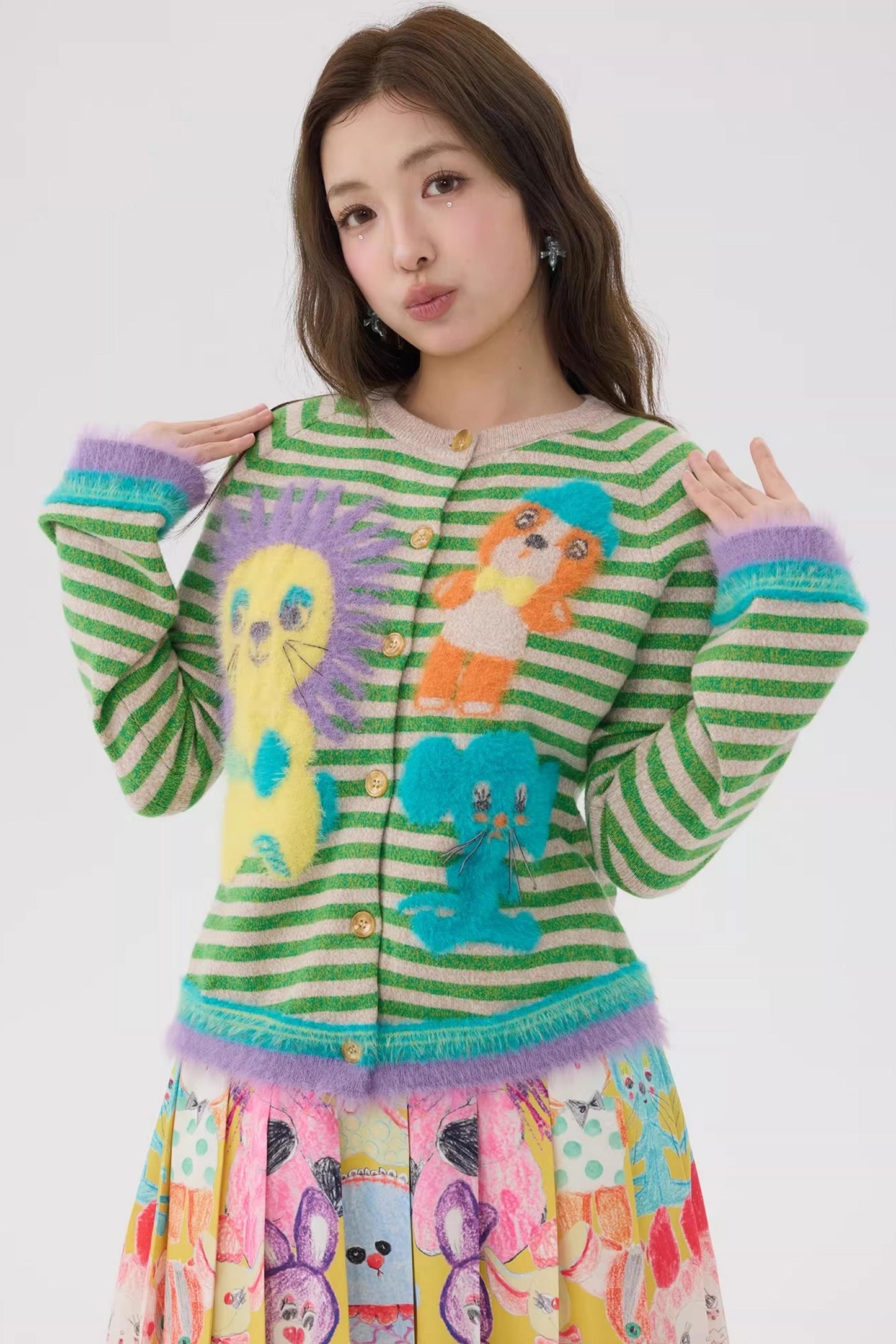 Striped Cartoon Doll Cardigan Top