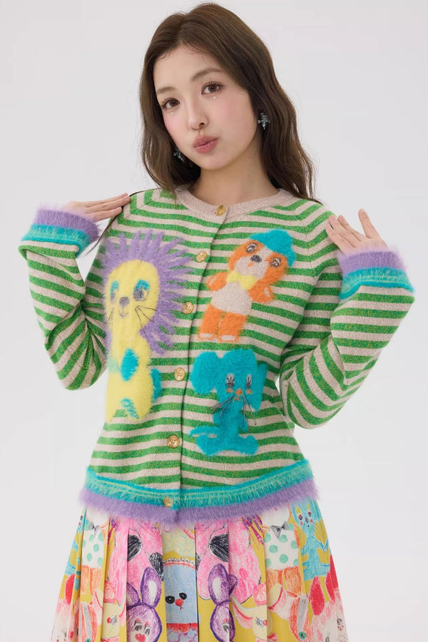 Striped Cartoon Doll Cardigan Top