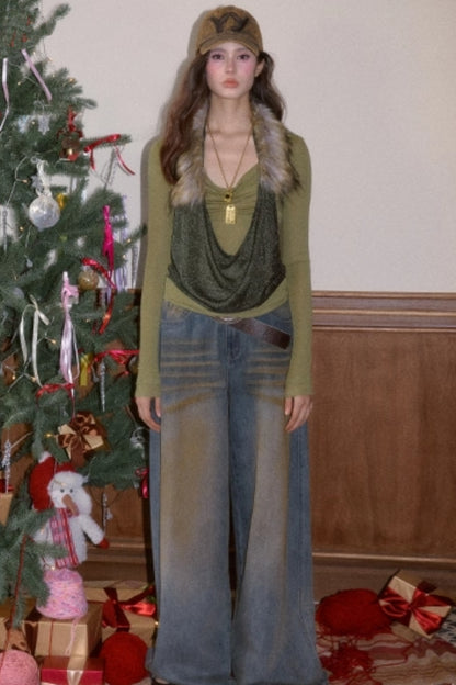 Detachable Fur Collar T-Shirt