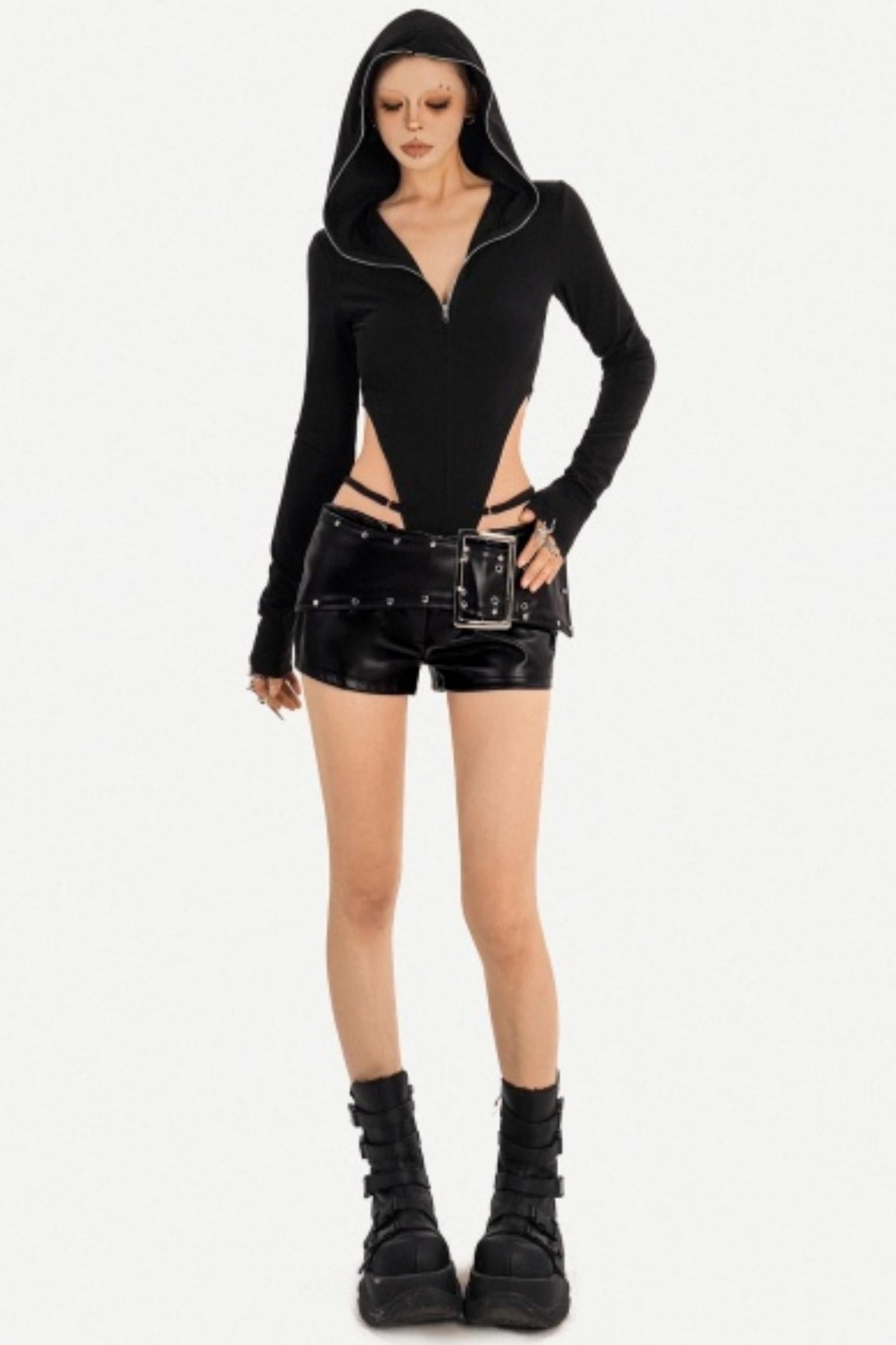 Black Zip-Up Hooded Bodysuit