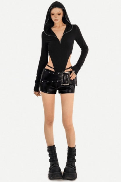 Black Zip-Up Hooded Bodysuit