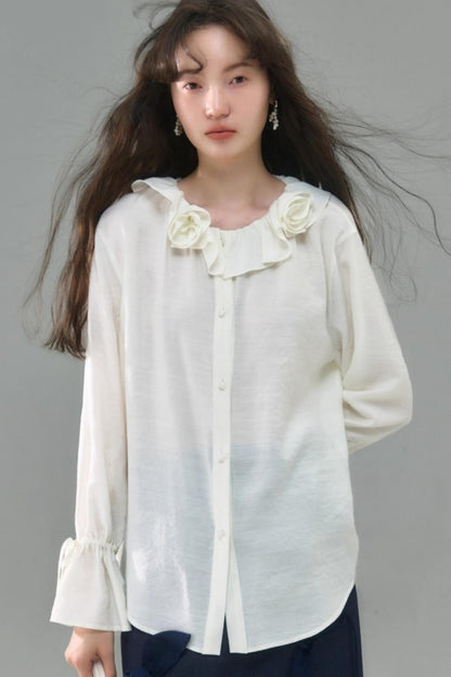 Rose Ruffled Long-Sleeved Shirt