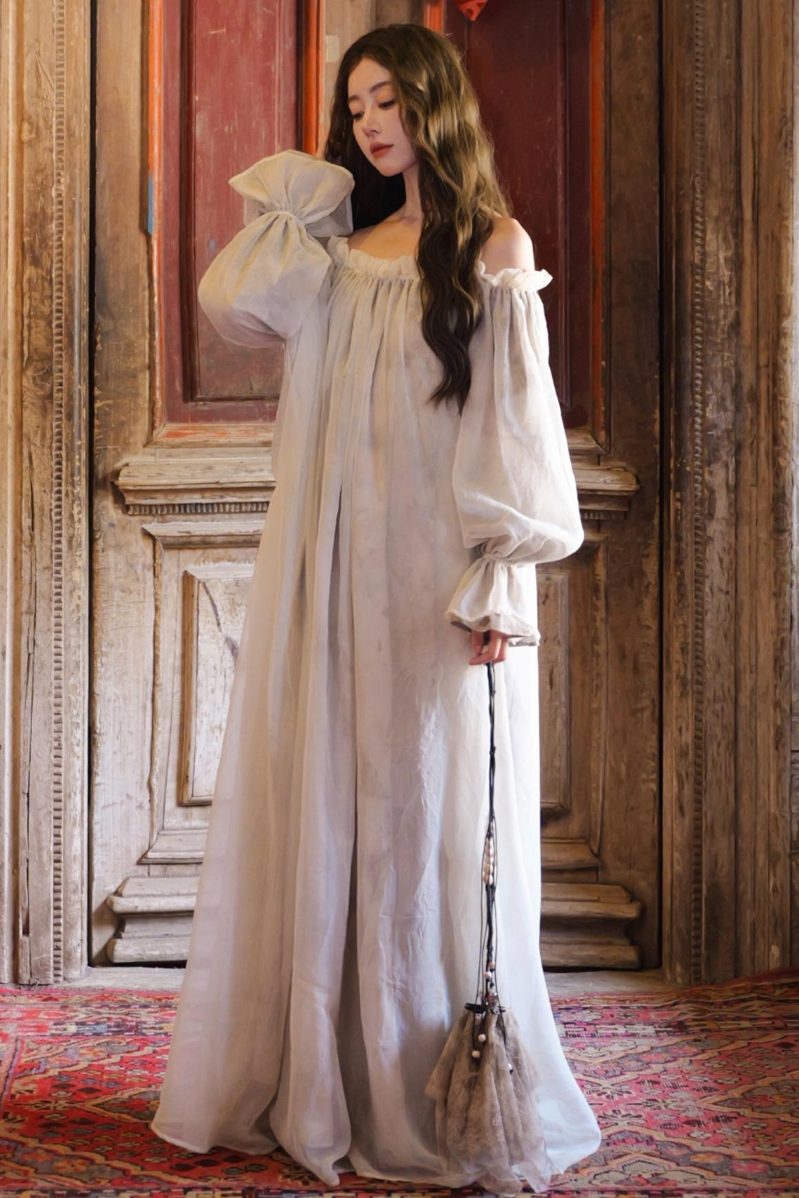 French Romantic Lace Neck Long Dress