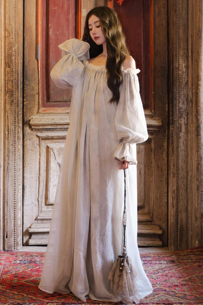 French Romantic Lace Neck Long Dress