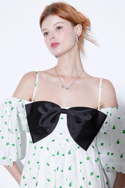 Green Rose Balloon Sleeve Slip Dress