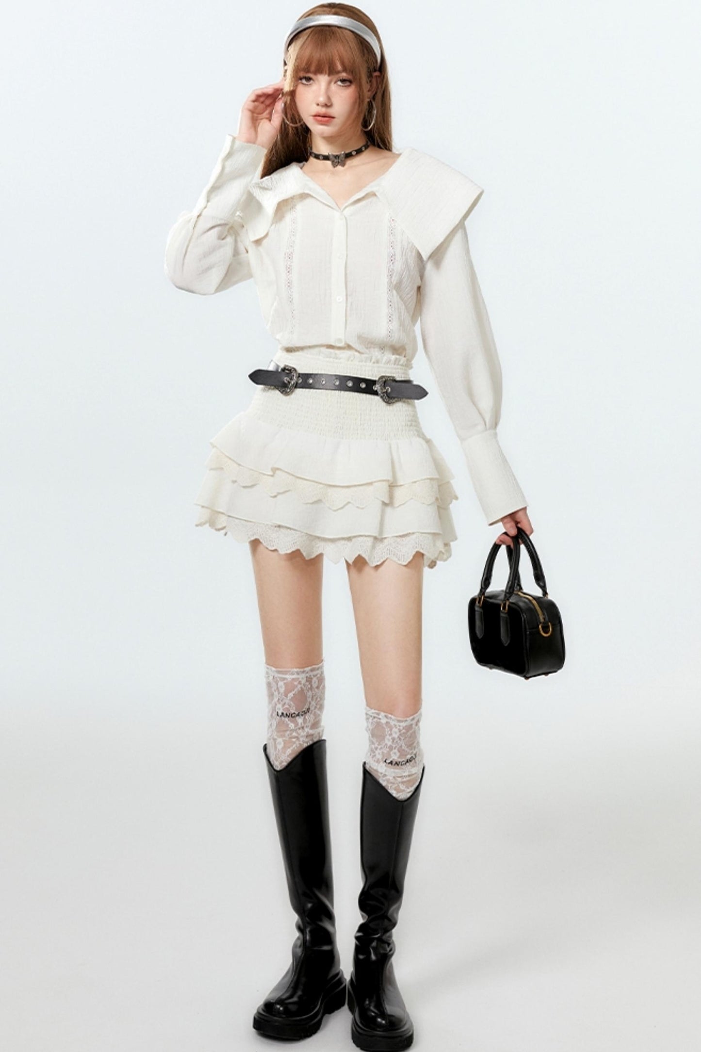 Sheer Lace Big-Collar Mint Blouse