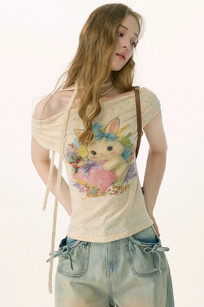 Rainbow Rabbit Knitted Off-Shoulder T-Shirt