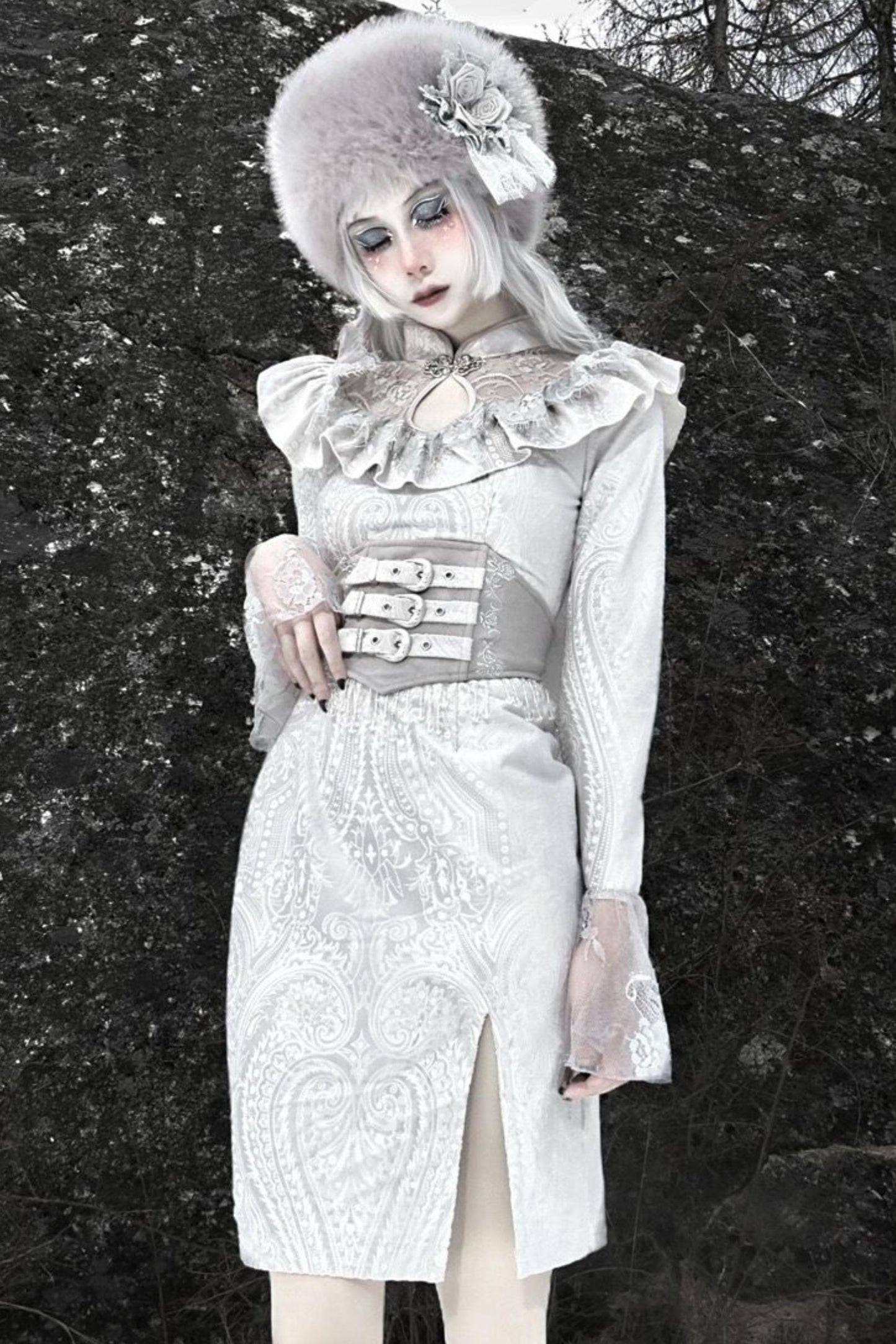 White Gothic Lace Slit Dress