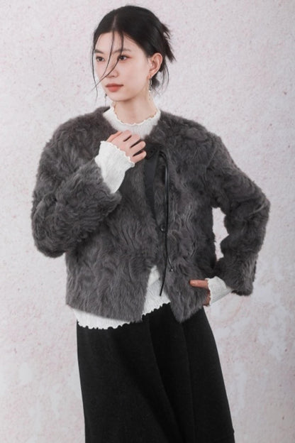 Elegant Gray-Brown Plush Jacket