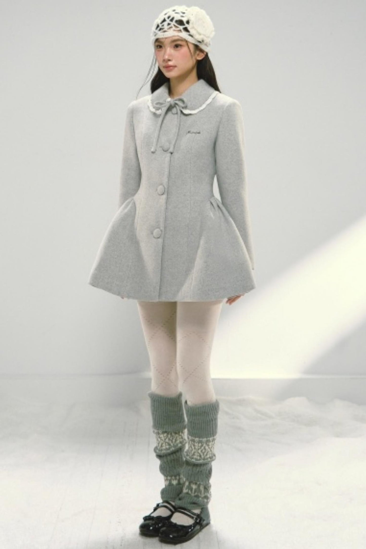 Light Gray Bow Woolen Coat