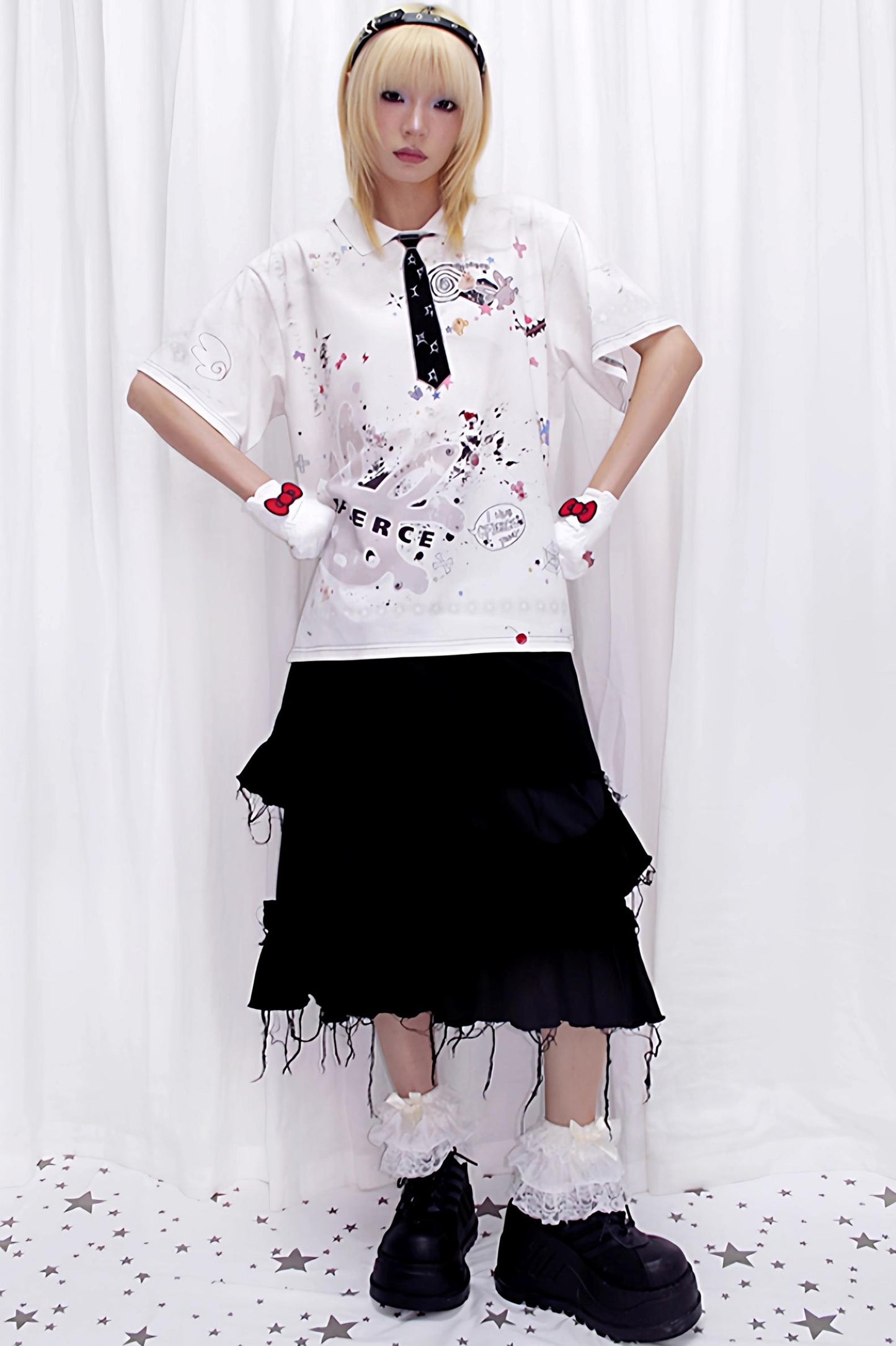 Sticker Print Embroidered Tie Polo Shirt