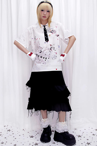 Sticker Print Embroidered Tie Polo Shirt