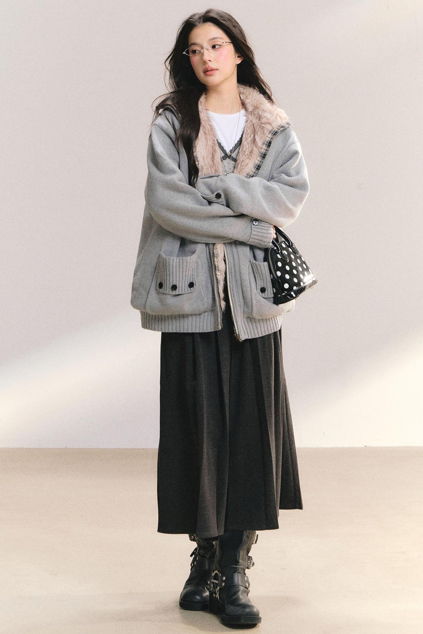 Plaid Patchwork Knit Cardigan