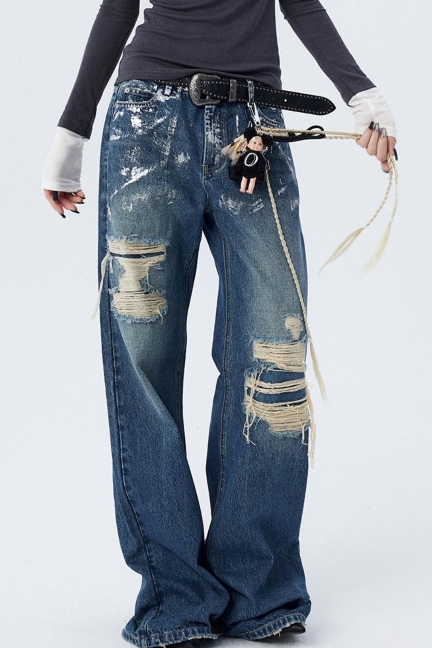 Silver Patch Ripped Wide Jeans Pants