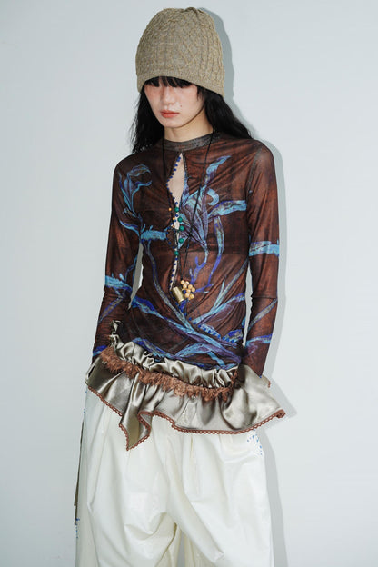 Chinese Mesh Cutout Long-Sleeved Top