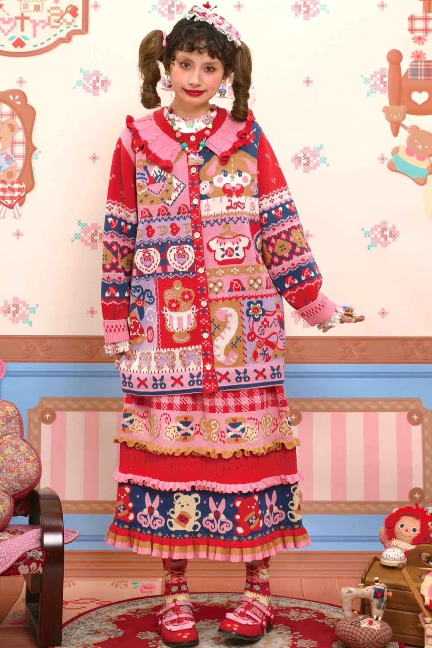Rot-Marineblaue Jacquard-Strickjacke