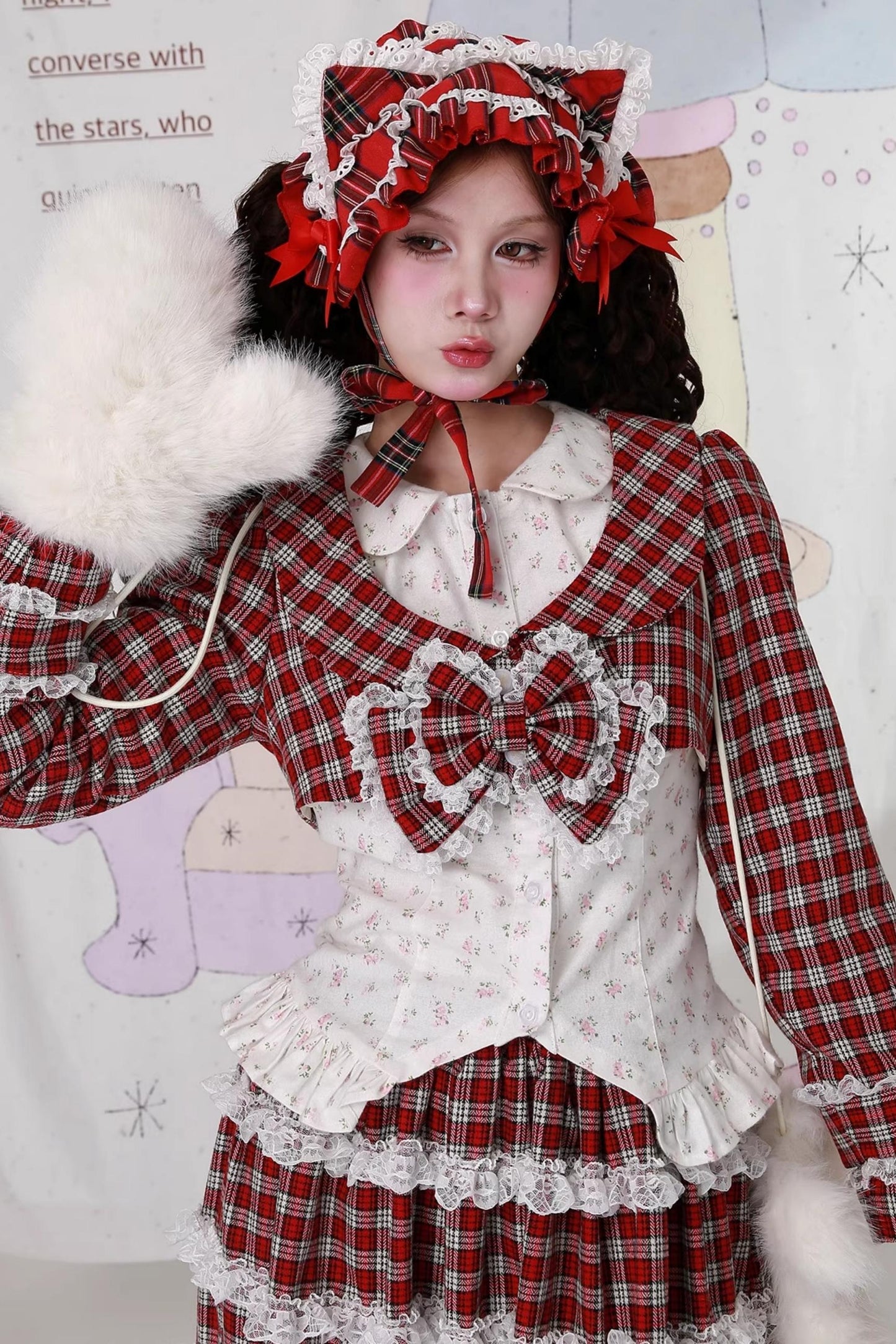 Christmas Red Checkered Bow Short Jacket