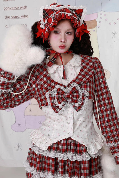Christmas Red Checkered Bow Short Jacket