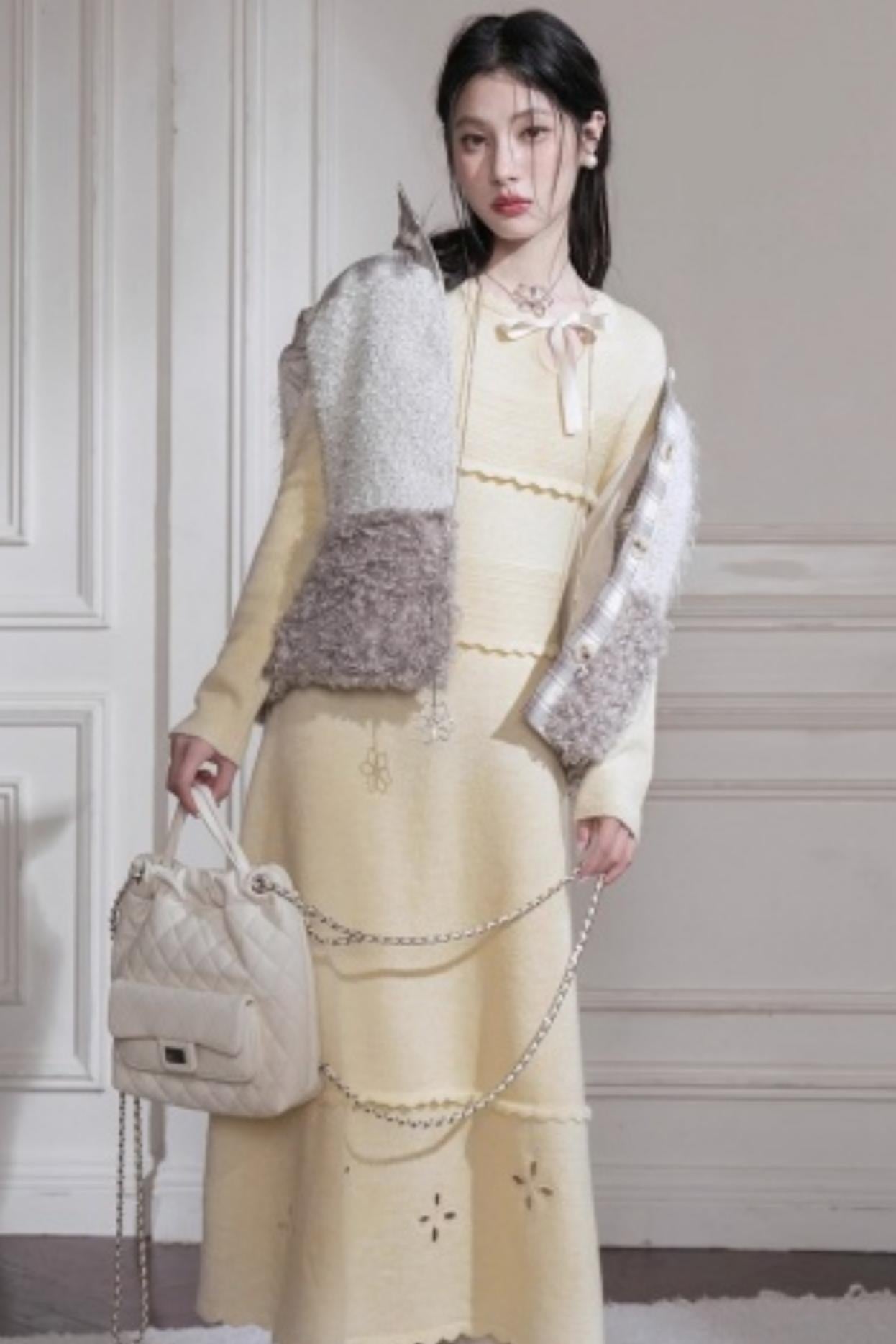 Cream Gray Lace Wool Dress