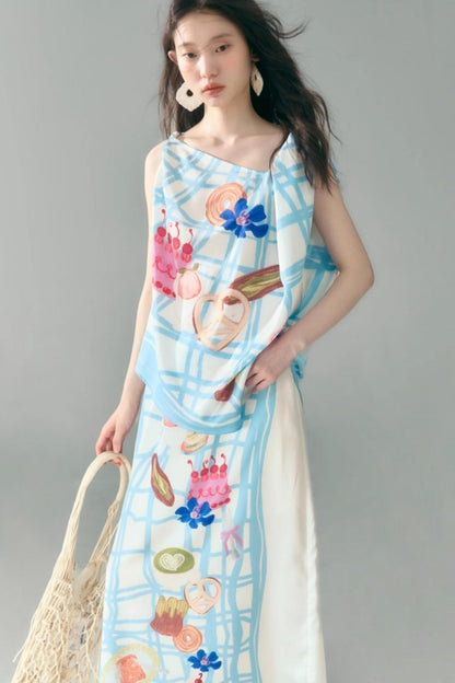 Bread Print Plaid Satin Slip Dress Set-Up