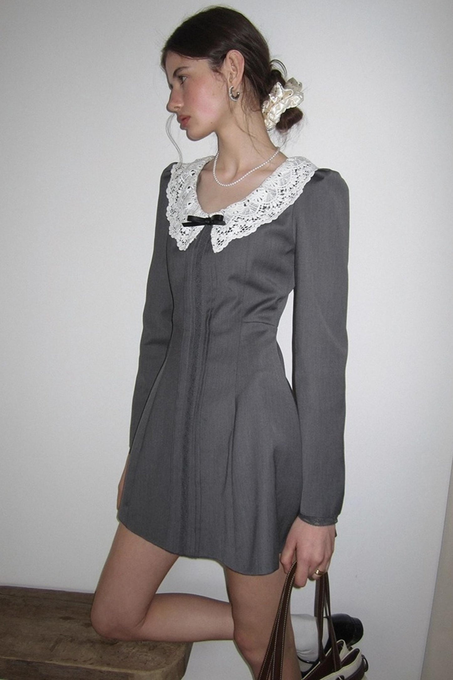 Grey Lace Bow Doll Dress