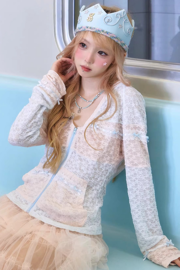 Blue Pink Lace Hooded Blouse