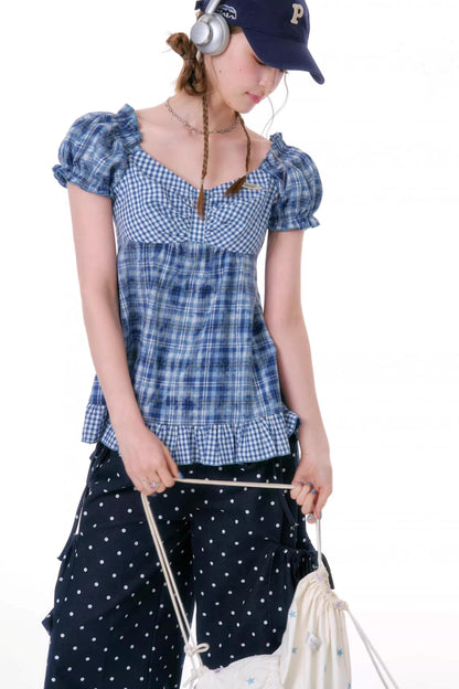 Checkered Plaid Puff Sleeve T-Shirt