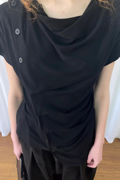 Pleated Irregular Neckline Top
