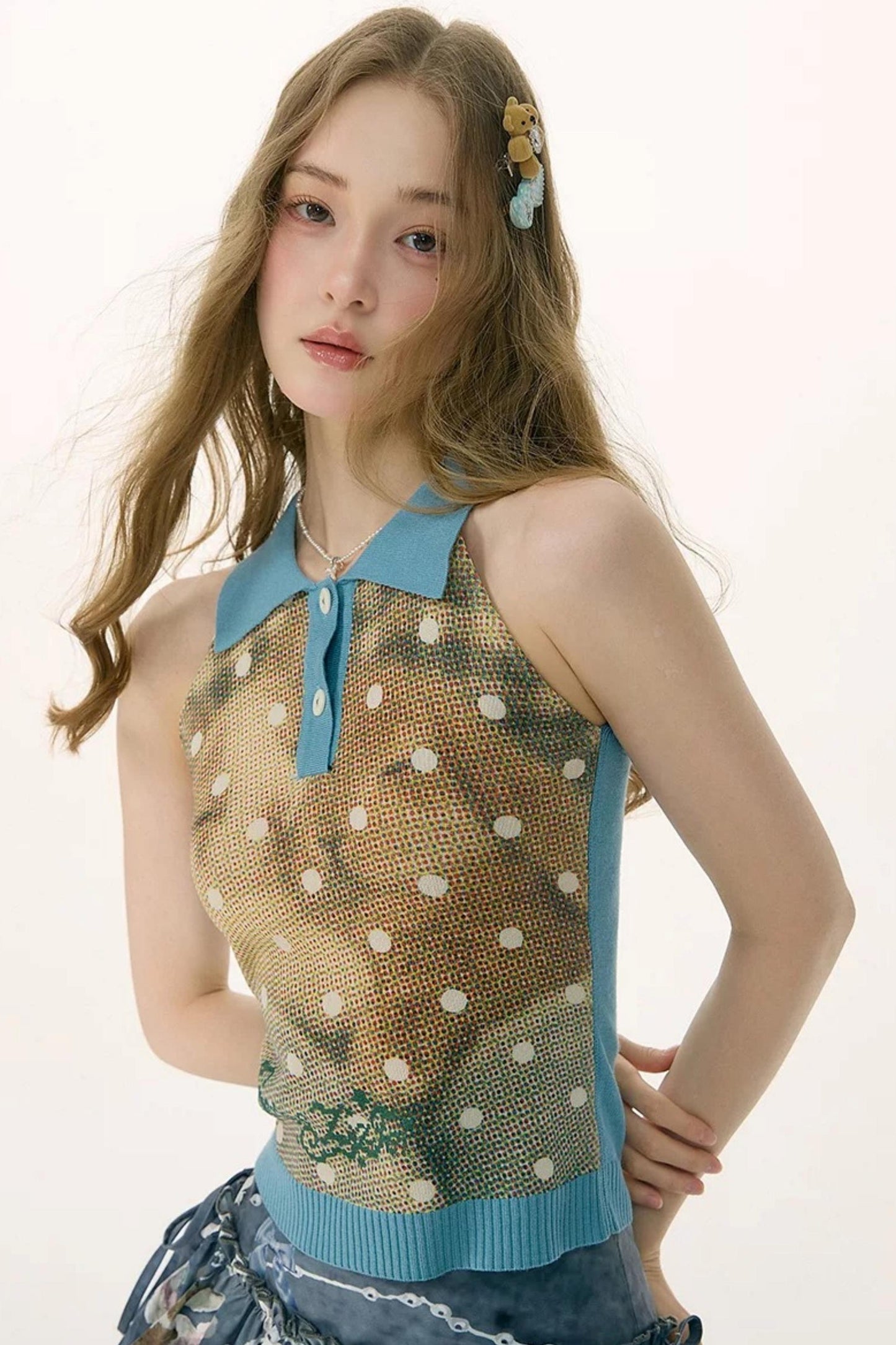 Starfall Rabbit Knit Polo Camisole Top