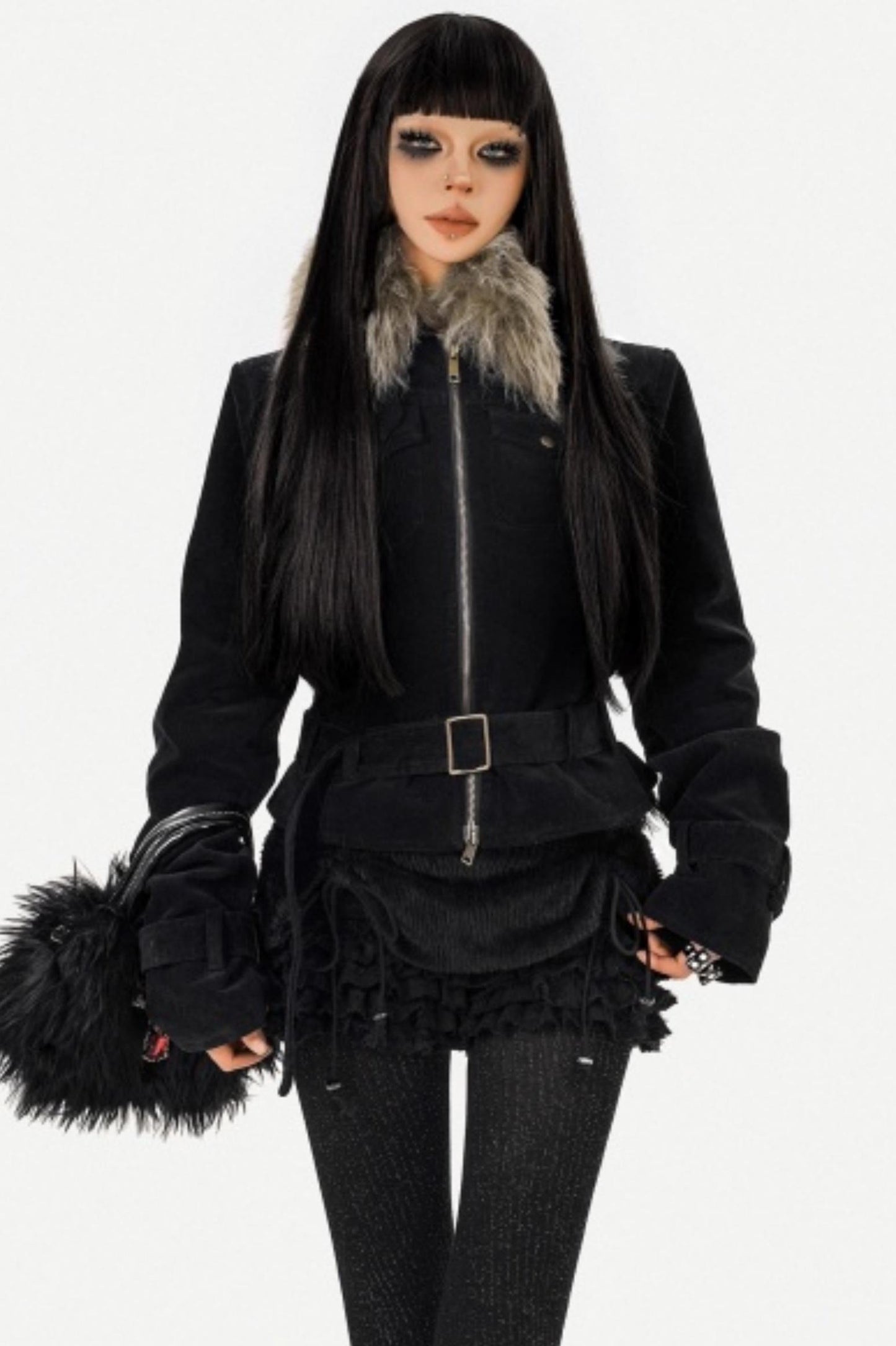Cool Dark Fur Collar Jacket