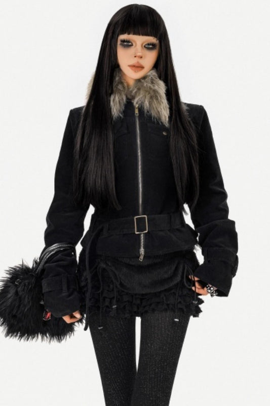 Cool Dark Fur Collar Jacket