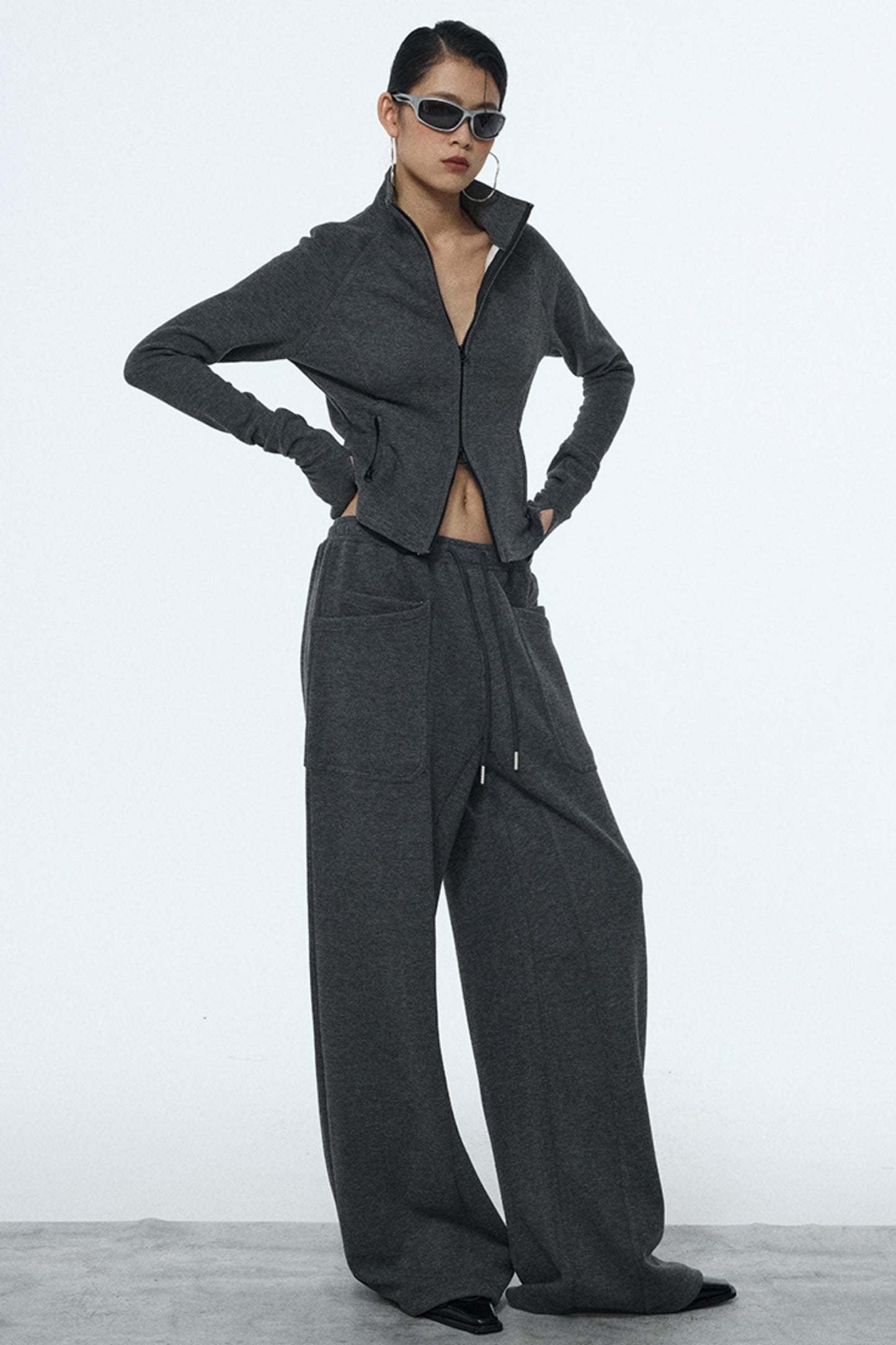 Gray Zipper Slim-Fit Top & Pants Set-Up