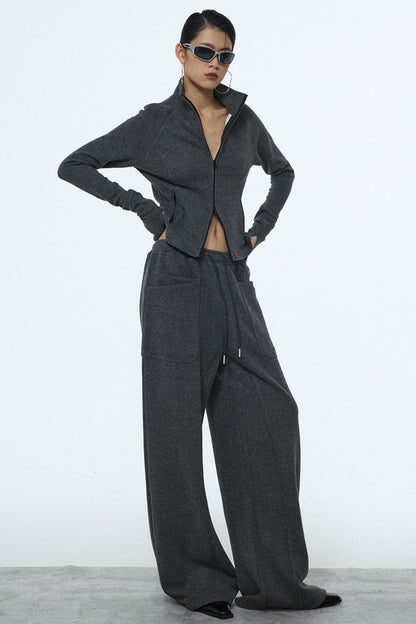 Gray Zipper Slim-Fit Top & Pants Set-Up