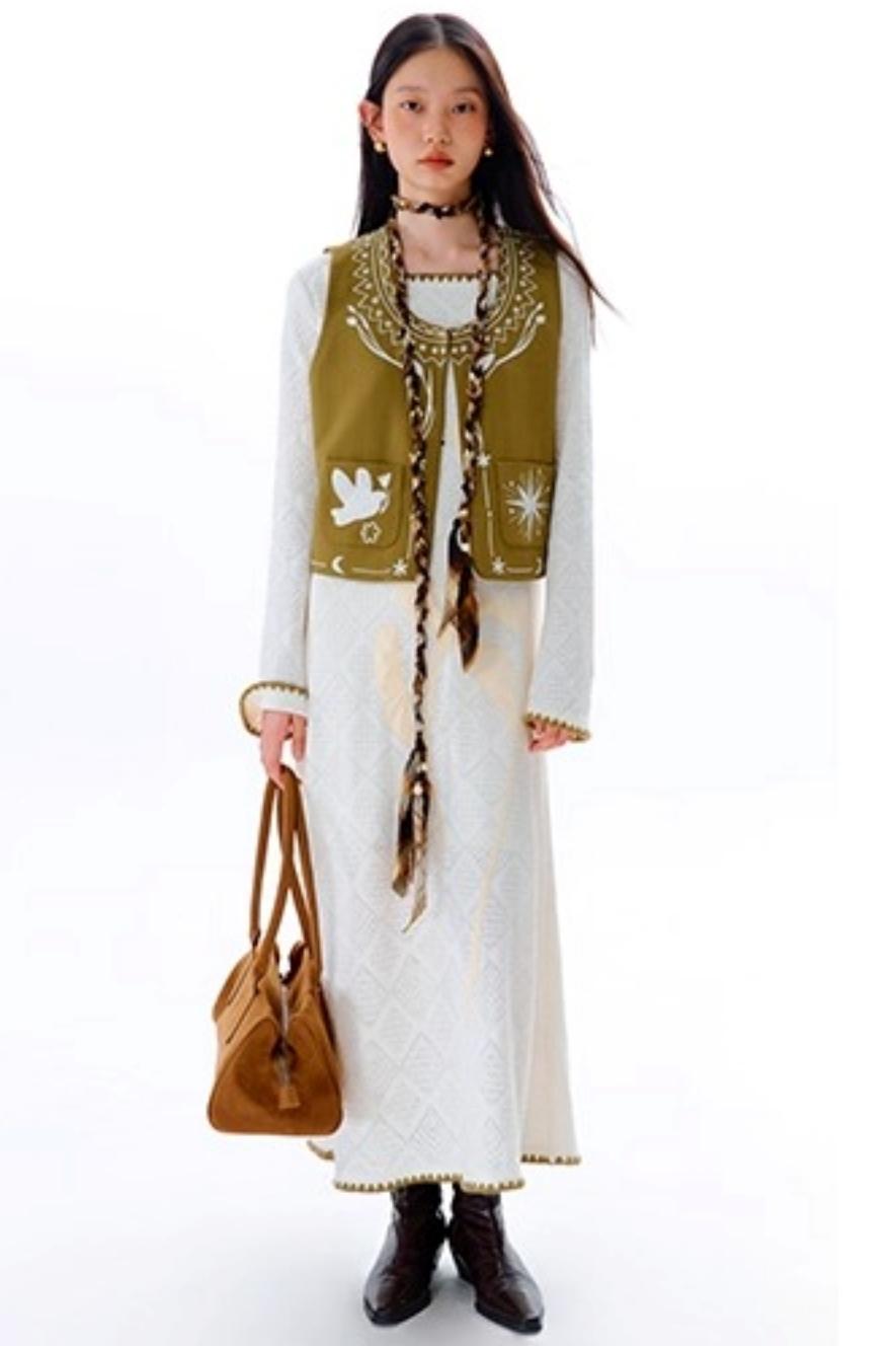 Bright Star Vintage Bird Embroidery Wool Jacket Set-Up