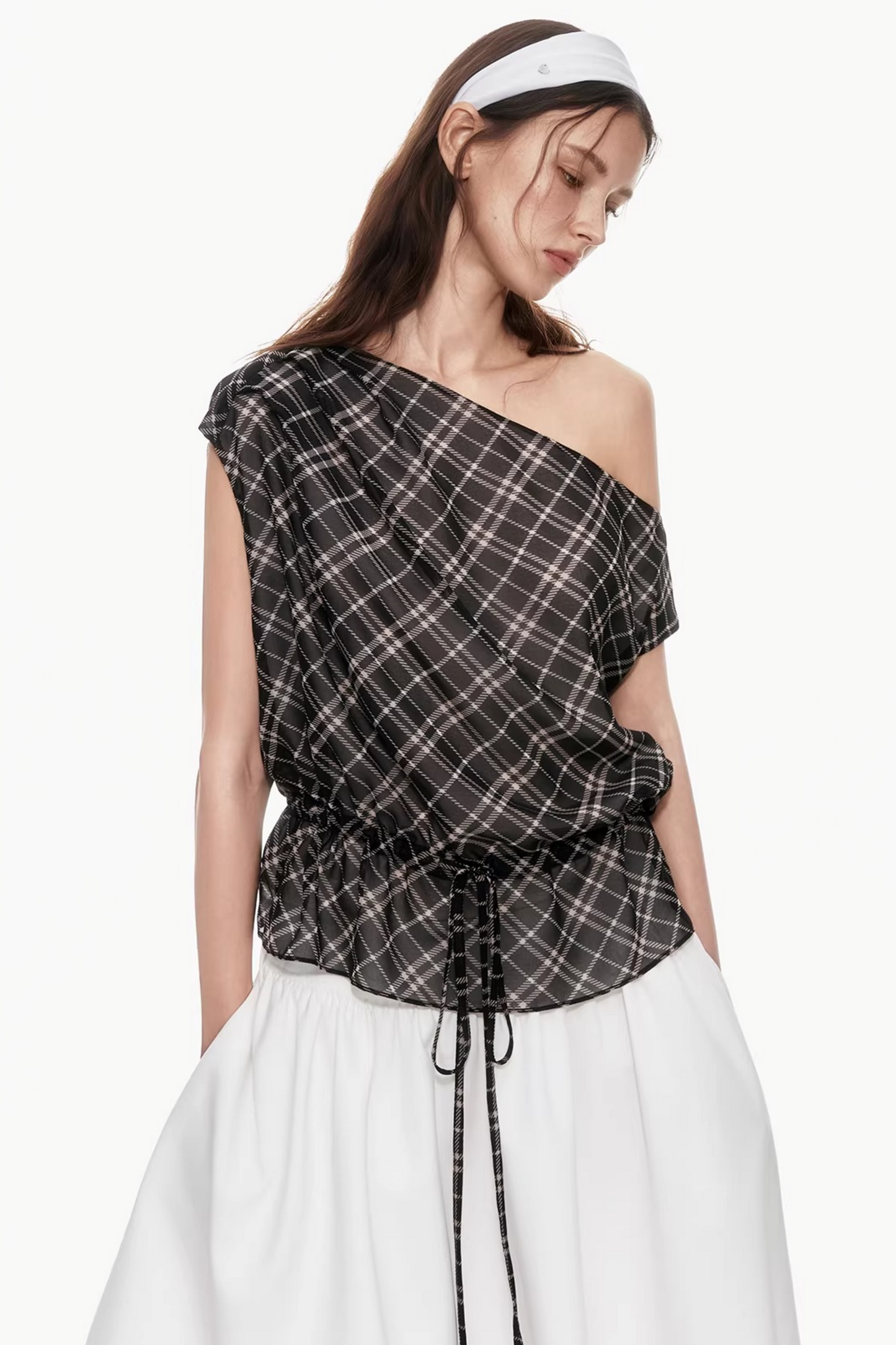 Plaid Asymmetrical Off-Shoulder Top