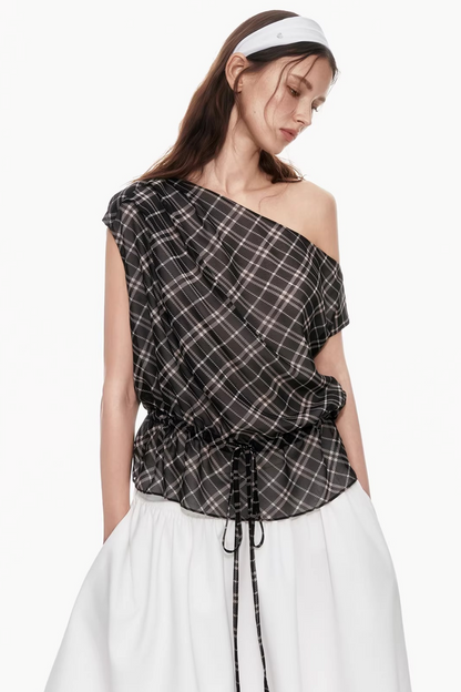 Plaid Asymmetrical Off-Shoulder Top