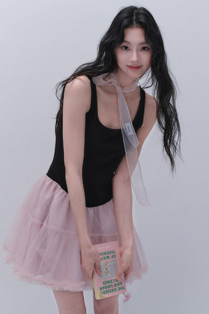 Sweet Fluffy Black-Pink Contrast Dress