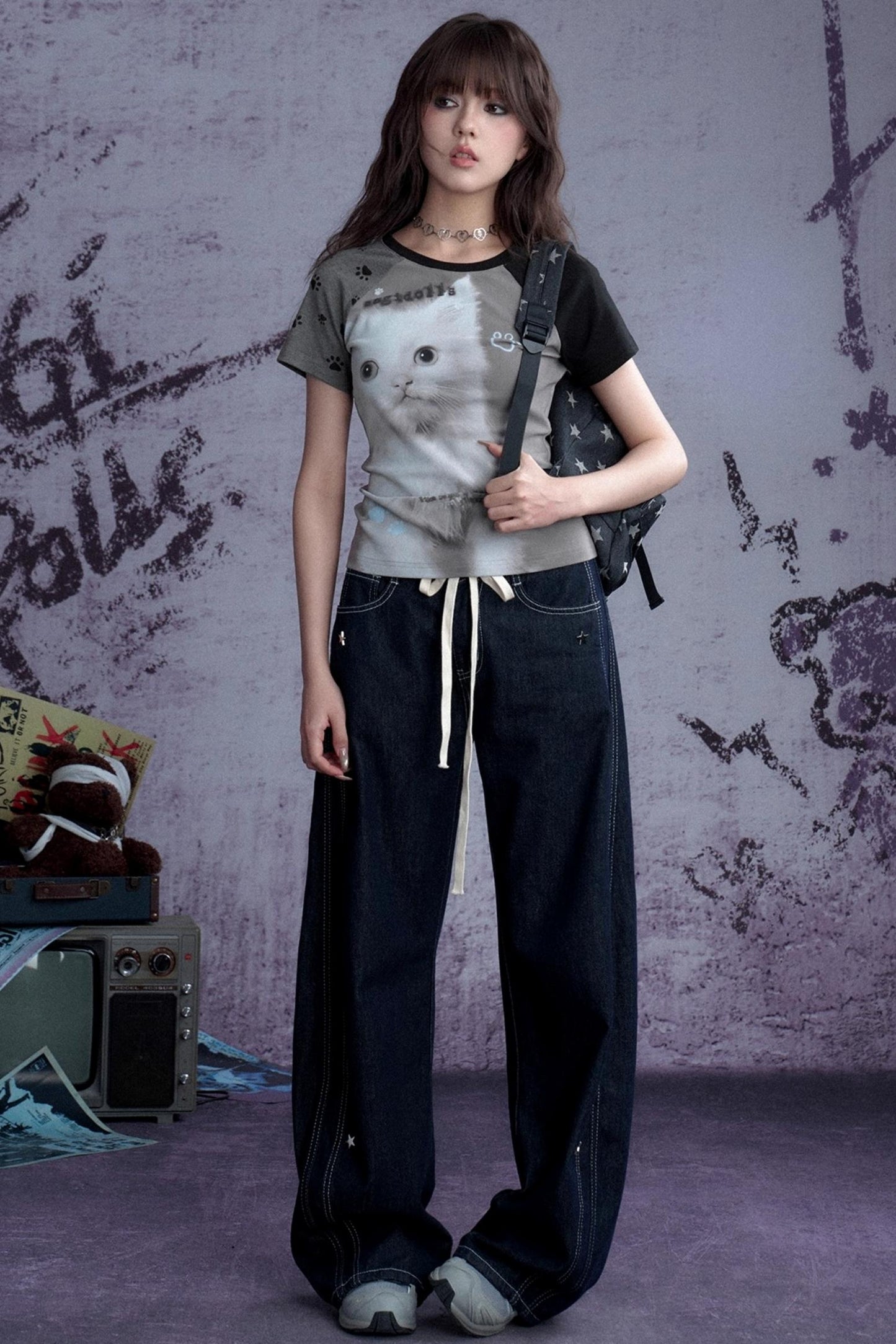 Fighting Spirit Cat Print Raglan Tee