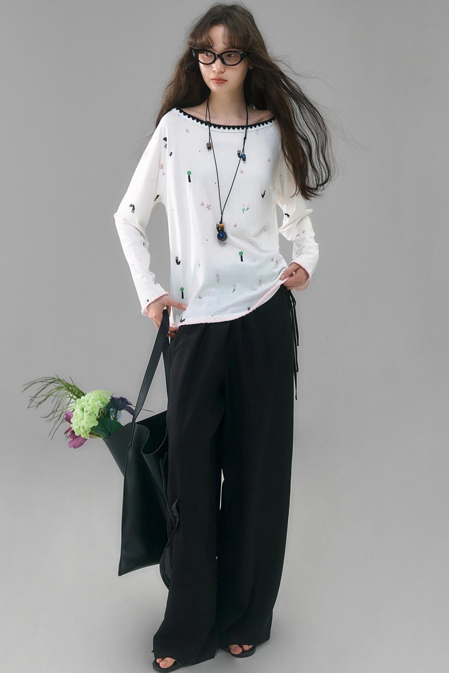 Three-Dimensional Calla Lily Linen Blend Wide-Leg Pants